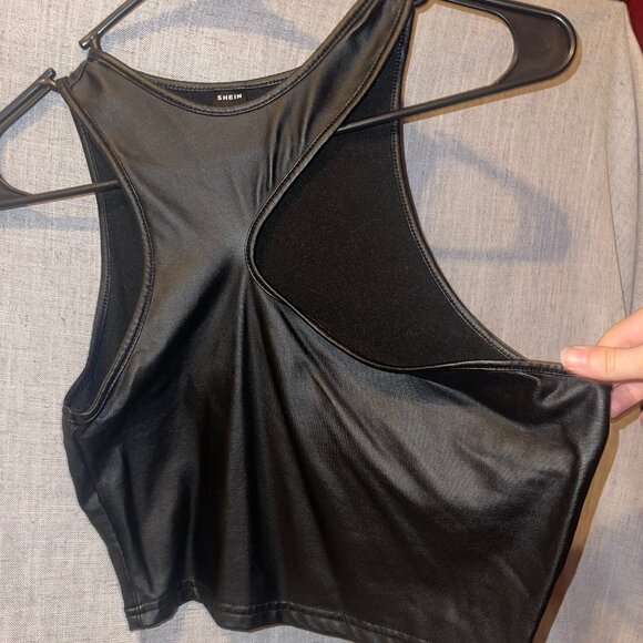 Womens Black Faux Leather Crop Top Tank Top - Picture 3 of 5